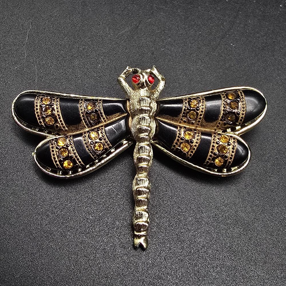 Black Gold Tone Dragonfly Brooch Rhinestone Accents Vintage Jewelry